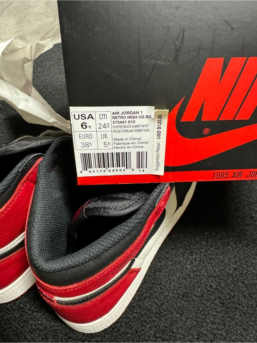 DS Jordan Bred Toe 1 GS size 6 6Y Nike 100% Authentic